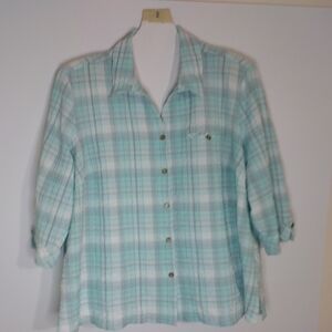 Plaid Button-Up Blouse - Blue